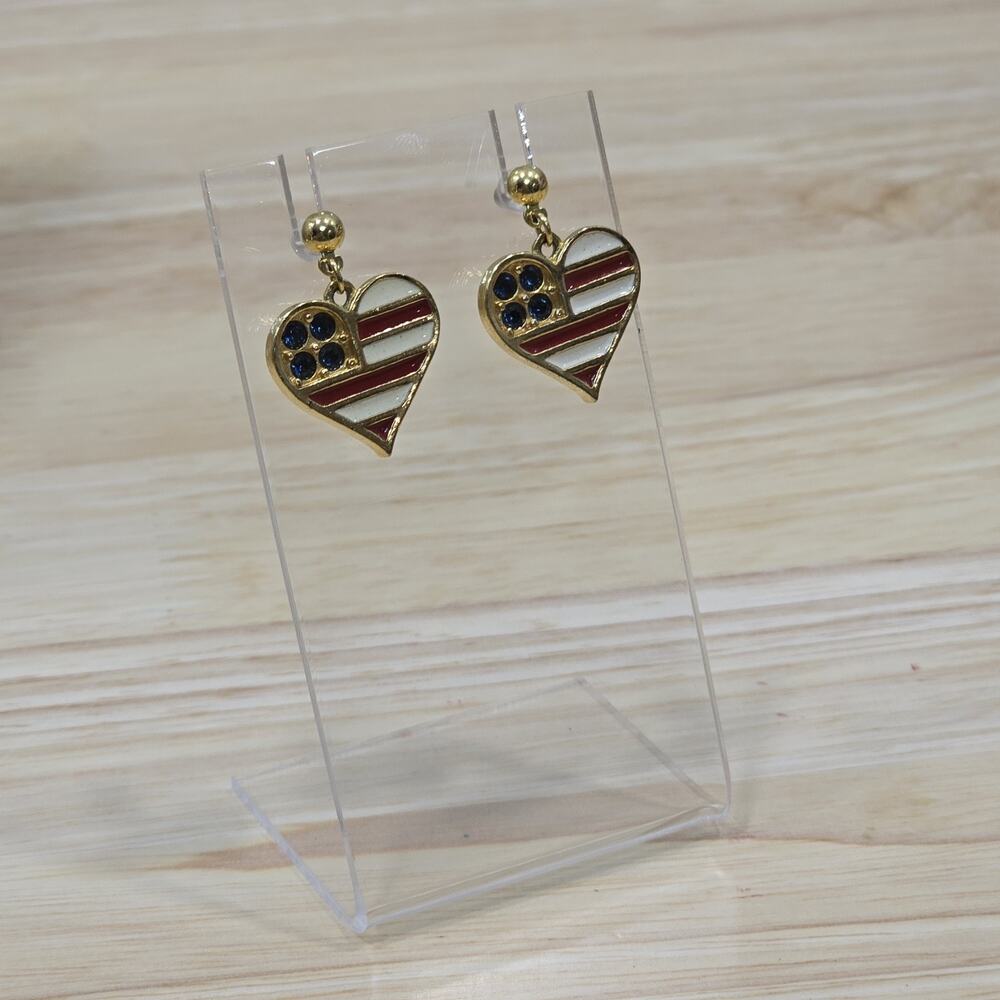 Vintage Gold Tone Red White Enamel Heart Flag USA Pierced Earrings US Patriotic